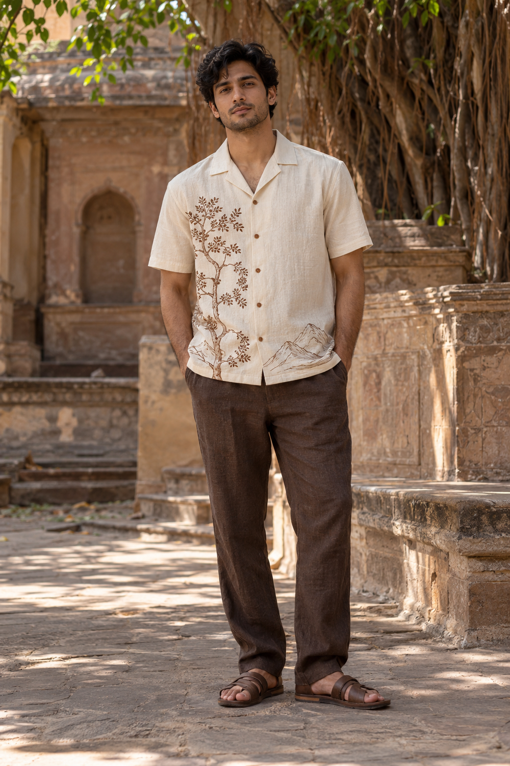AI-created demo look: ivory botanical camp shirt