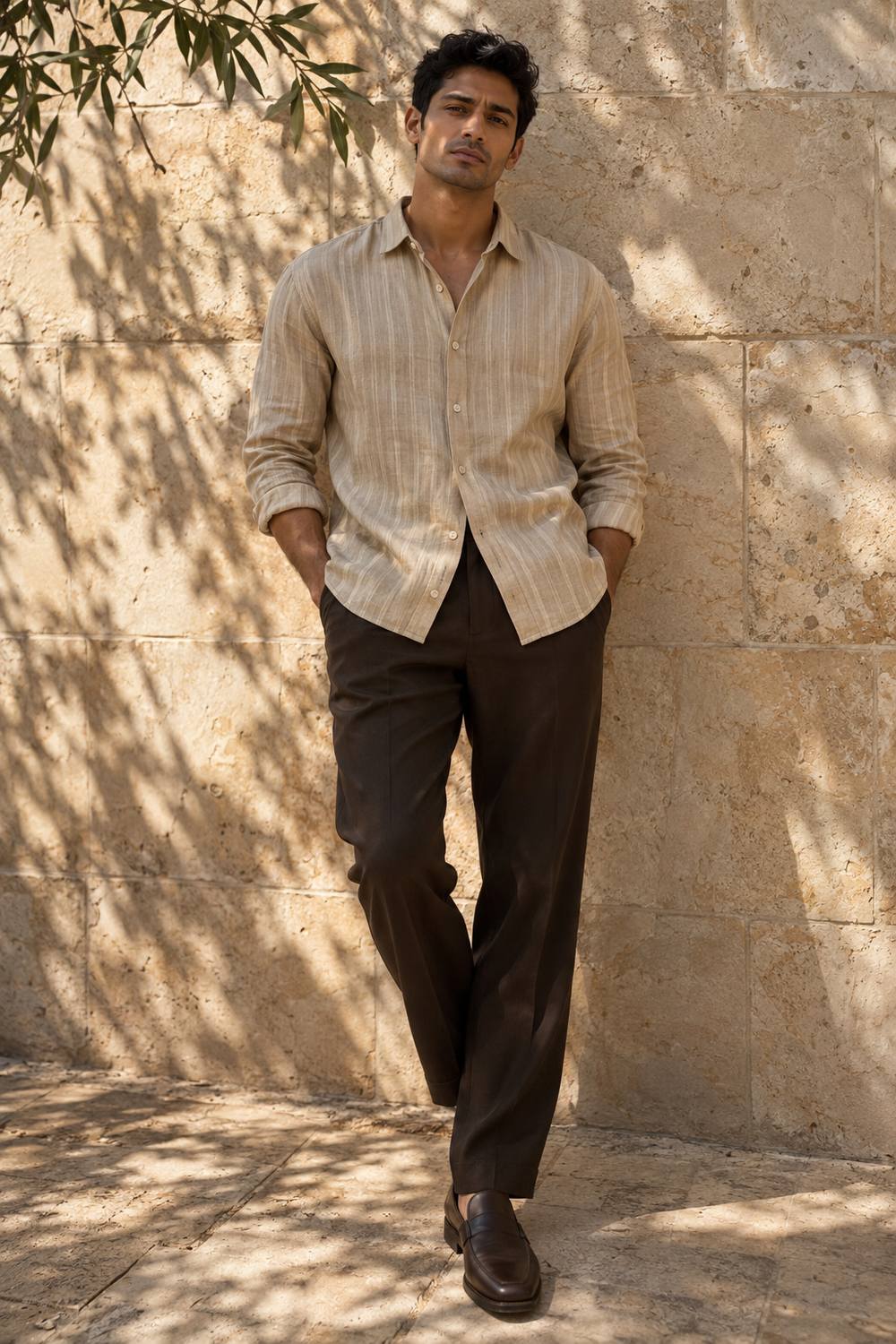 AI-created demo look: model wearing Sandstone — Textured Shirt