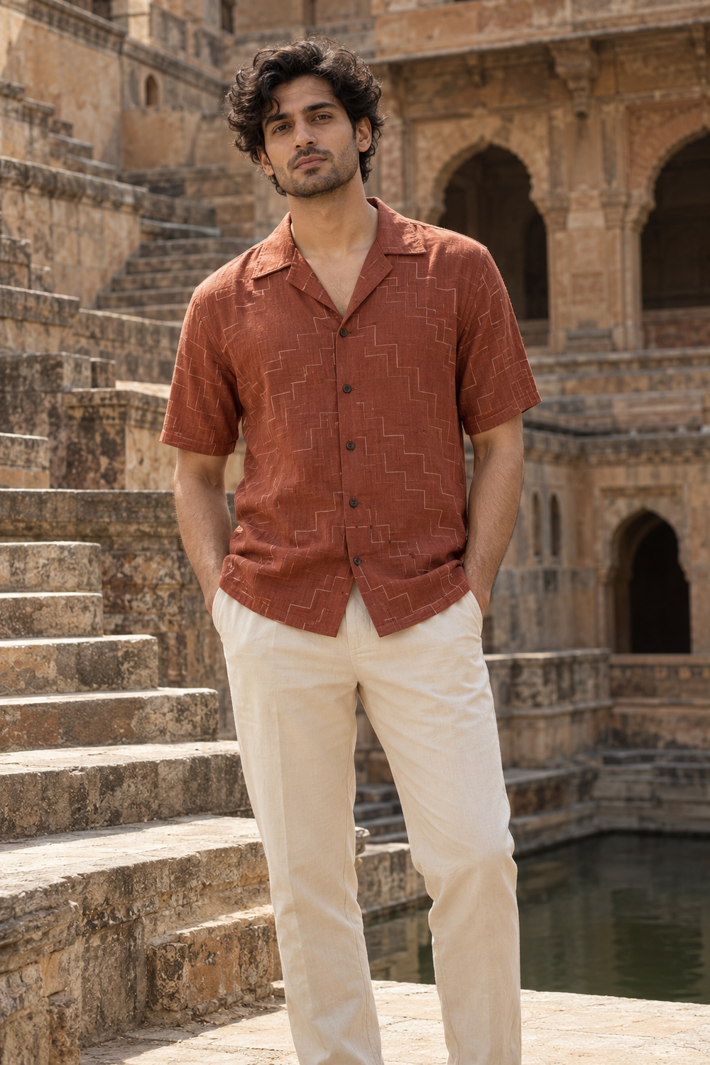AI-created demo look: model wearing Stepwell — Terracotta Shirt